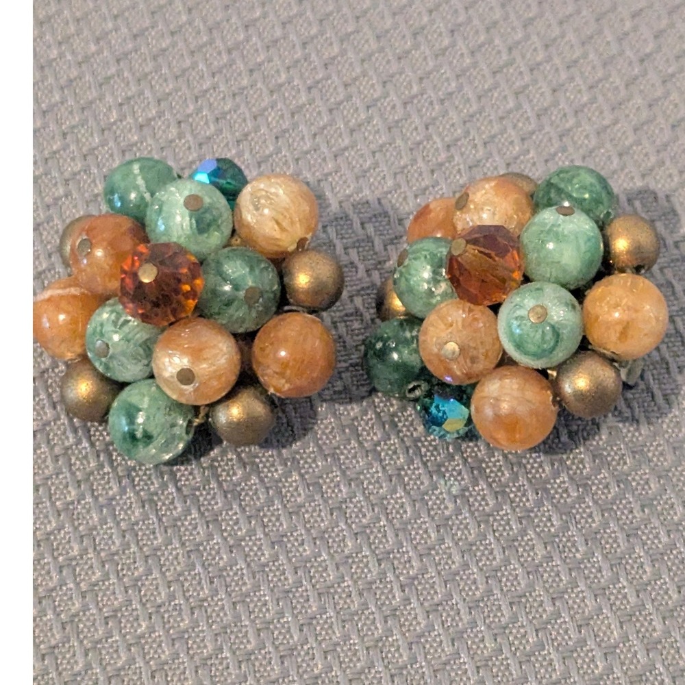 Vintage Signed Laguna Cluster Clip On Earrings Earth Tones Mid Century Modern